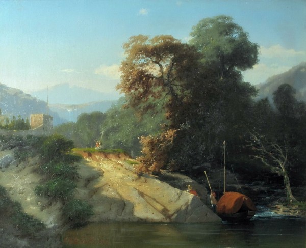 Figures fishing from a boat outside city by Ercole Calvi